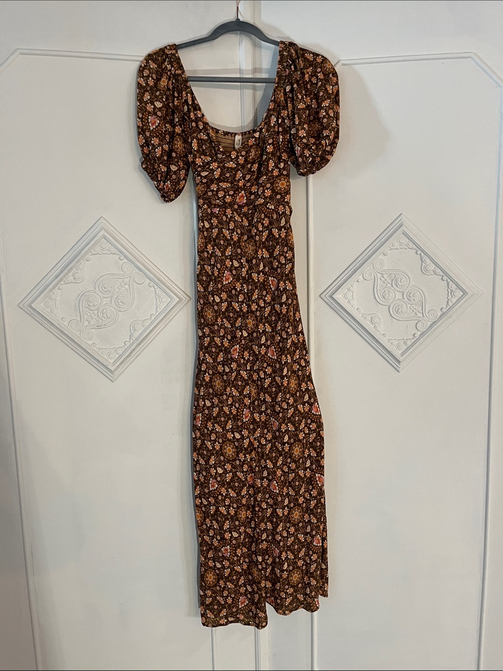 Spell Brown Floral Maxi Dress with Puff Sleeves